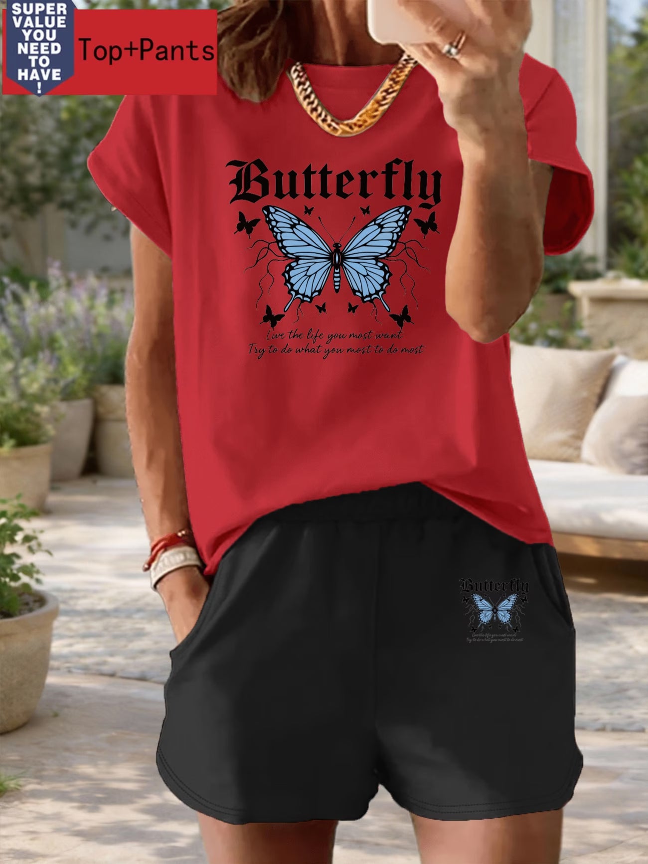 Blue Butterfly & Elegant Text Print Two-Piece Set – Round Neck Tee & High-Waist Shorts