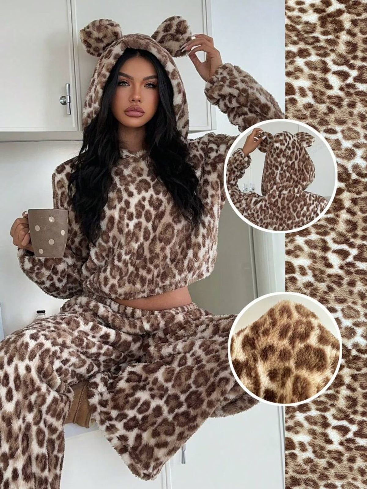Women's Leopard Print Plush Bear-Ear Hoodie & Wide-Leg Trouser Set