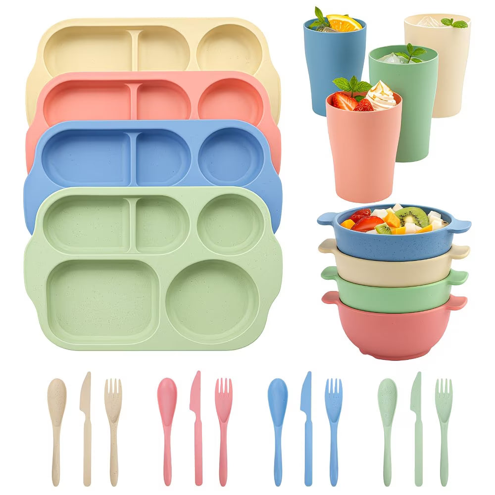 24-Piece Plastic Dinner Set for 4 – Plates, Bowls, Cups & Cutlery