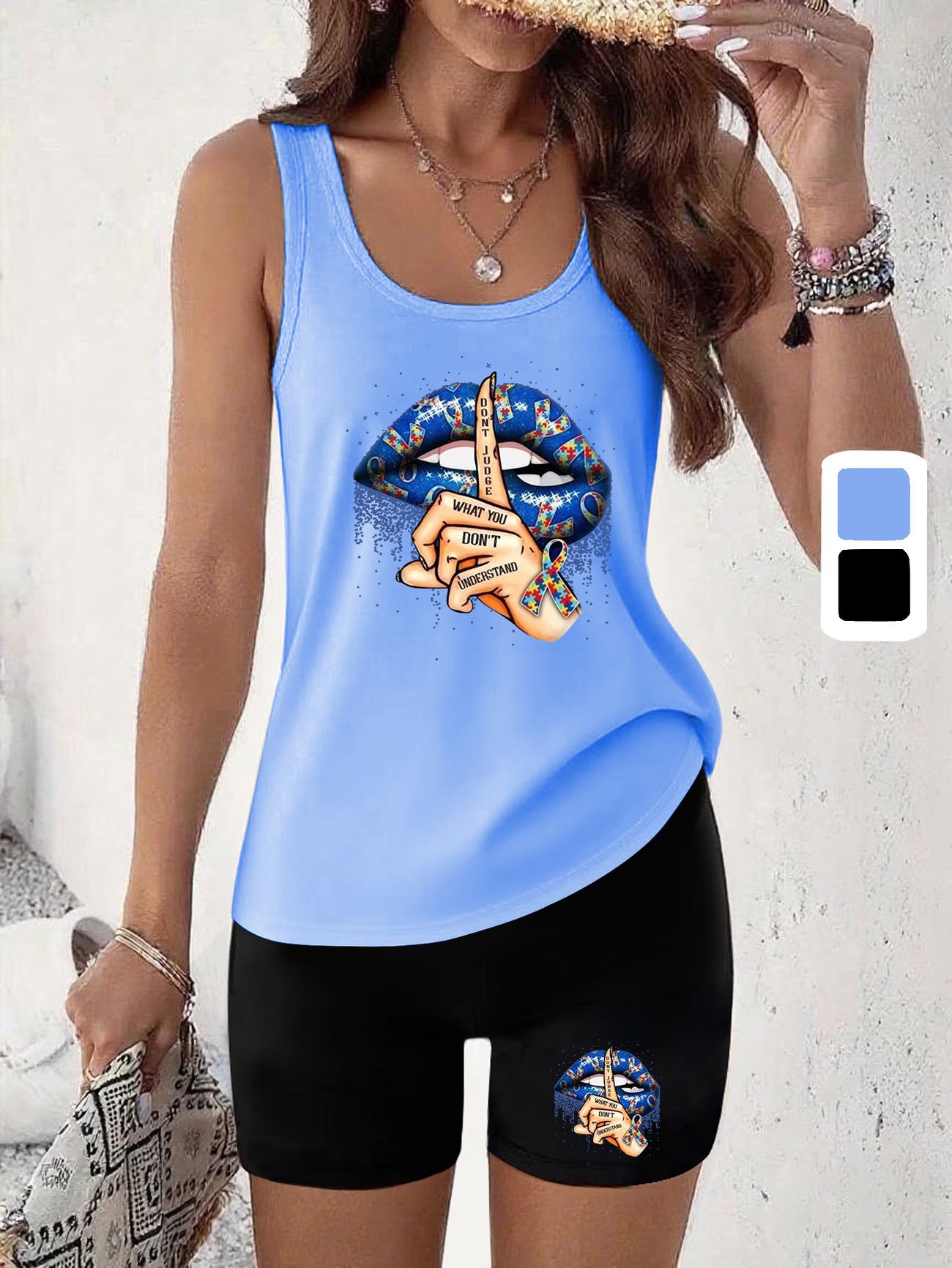 sexy lips printed, advanced comfort vest, two-piece suit.