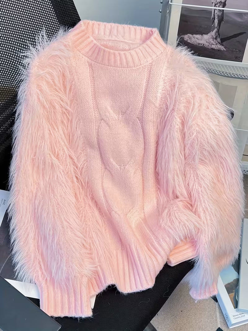 Women's Winter Casual Round Neck Fuzzy Long-Sleeve Sweater