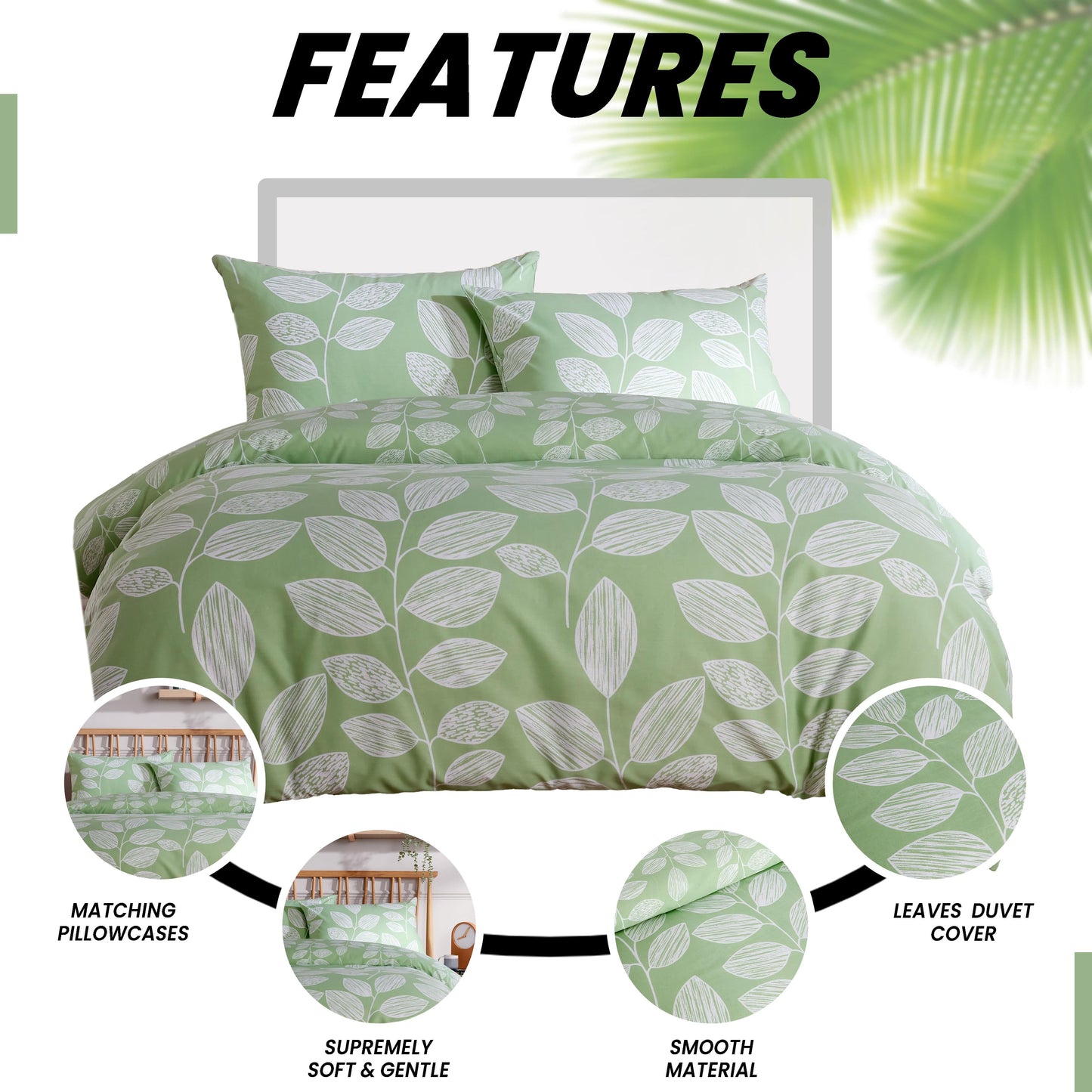 Leaf Print Reversible Cotton Rich Duvet Cover Set with Pillowcases Nature Inspired Bedding in Black and Gray