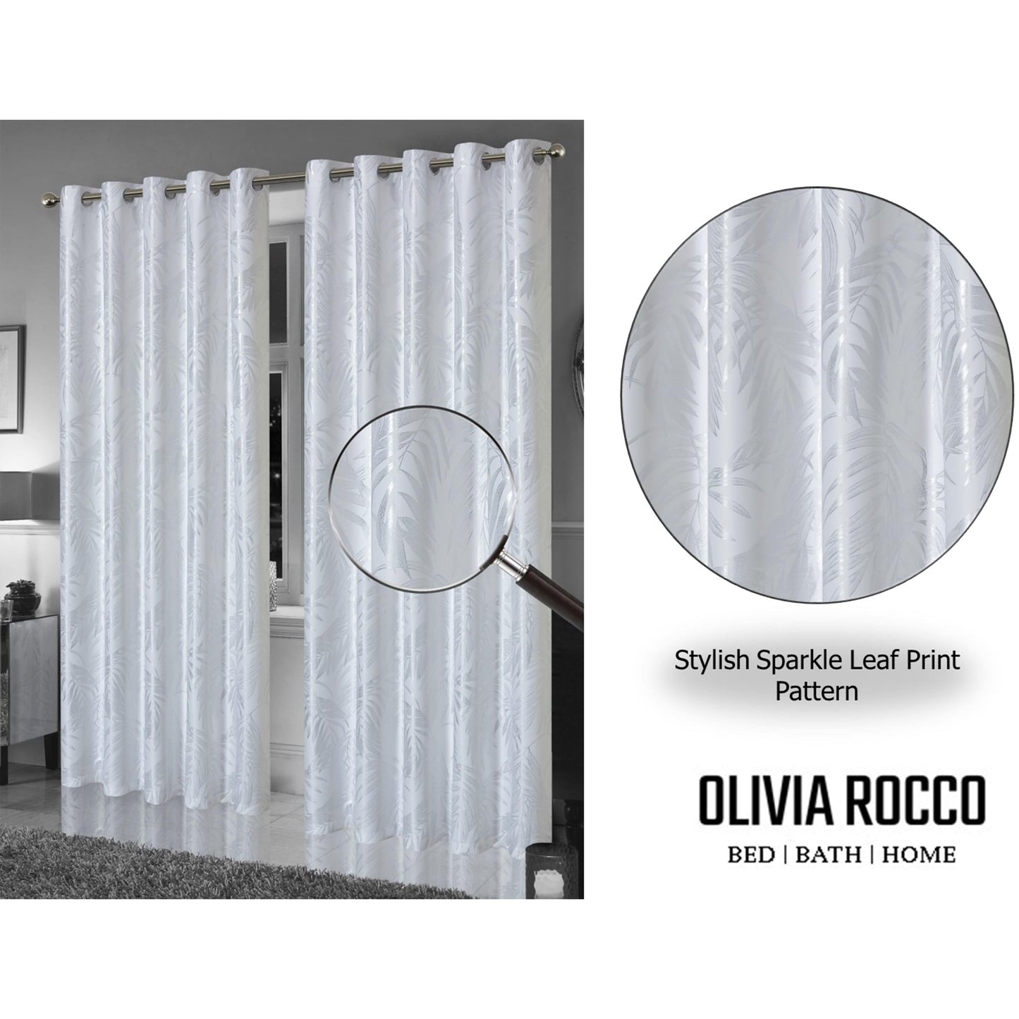 Leaf White Sparkle Blackout Curtains Super Soft Thermal Insulated Eyelet Drapes for Living Room & Bedroom 2 Panels