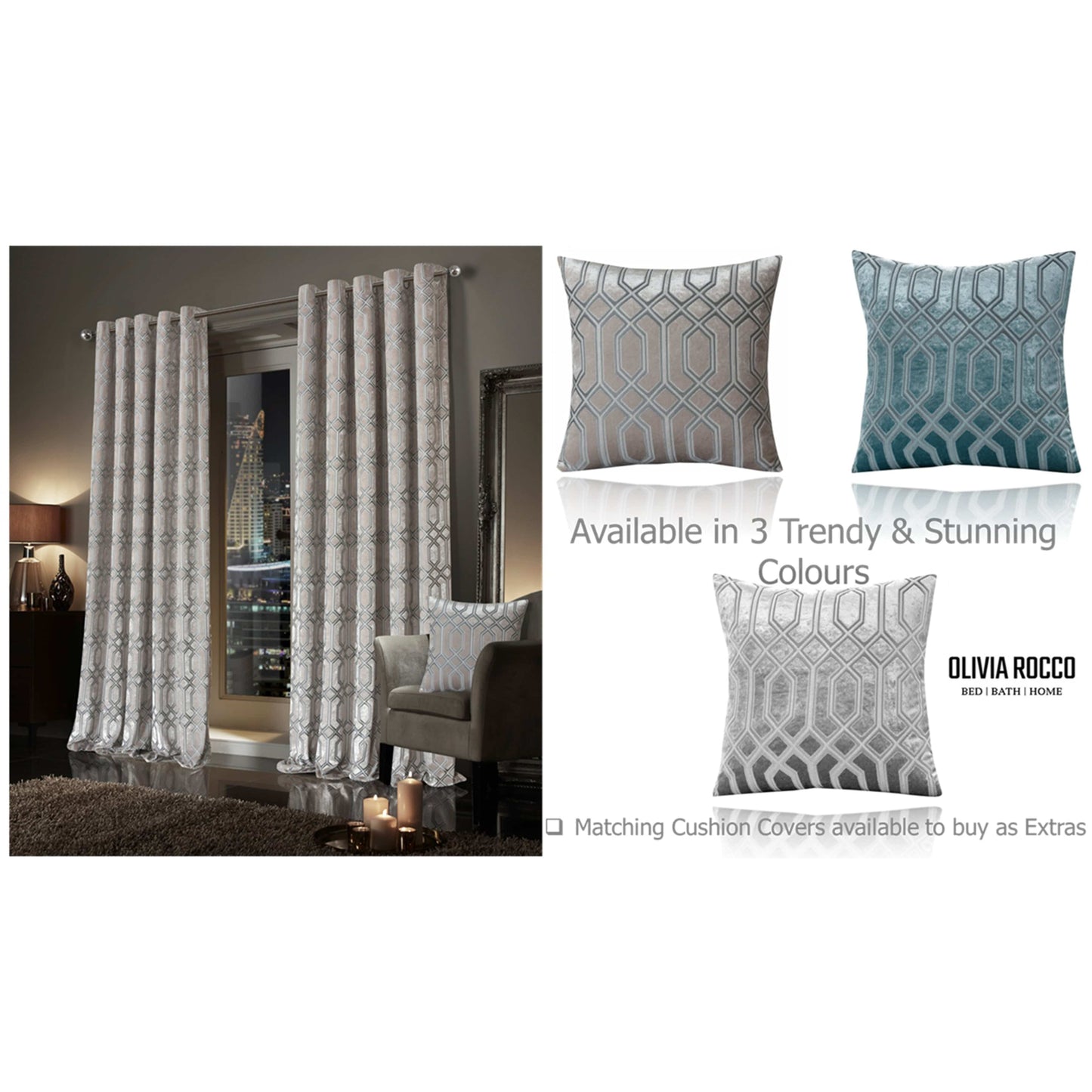 Luxe Geo Velvet Eyelet Curtains Champagne Thermal Insulated Soundproof Light Blocking Drapes for Bedroom & Lounge