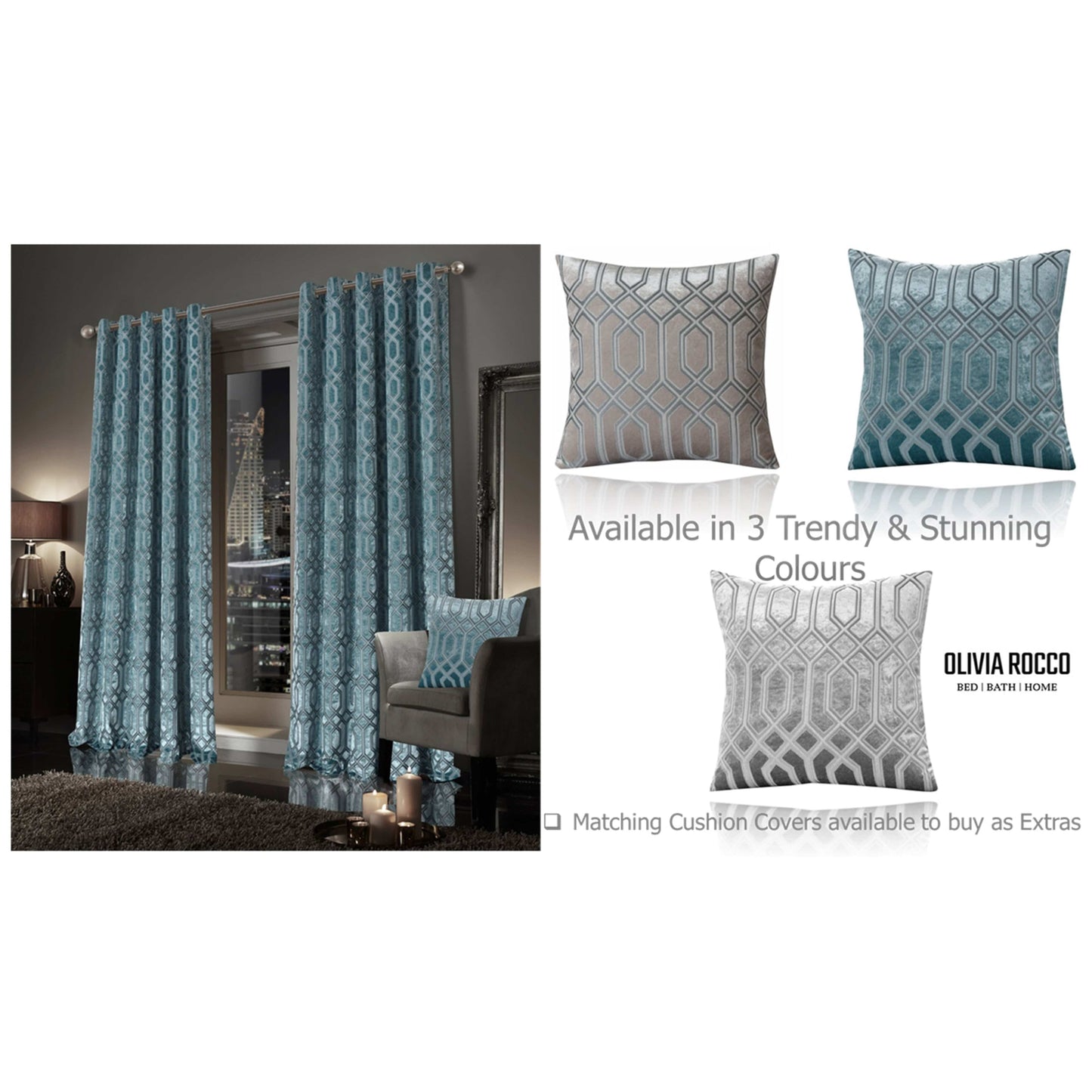 Luxe Geo Velvet Eyelet Curtains Teal Thermal Insulated Soundproof Light Blocking Drapes for Bedroom & Lounge