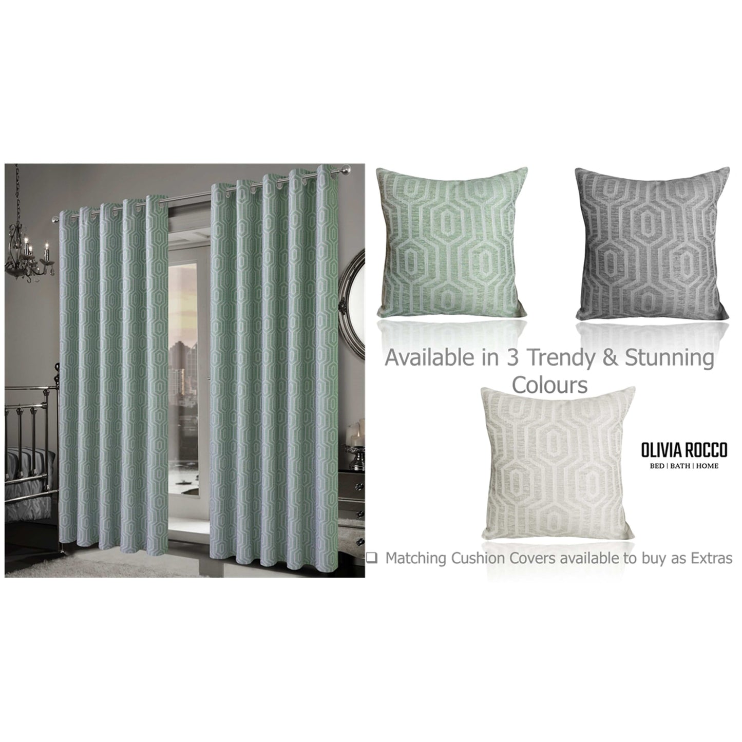 Paris Eyelet Jacquard Curtains Sage Green Geometric Pattern Thermal Insulated Light Blocking for Bedroom Lounge
