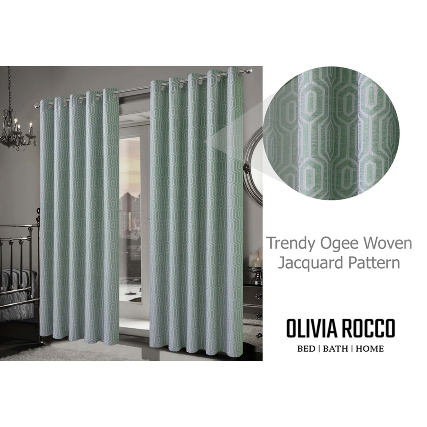 Paris Eyelet Jacquard Curtains Sage Green Geometric Pattern Thermal Insulated Light Blocking for Bedroom Lounge