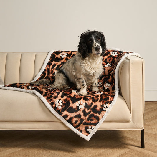 Leopard Paw Print Sherpa Reverse Throw - Natural
