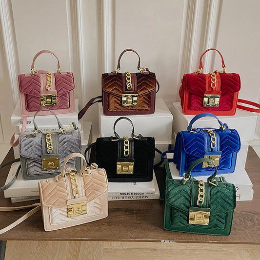 Women's Small velvet Solid Color Elegant Square Lock clasp Square Bag