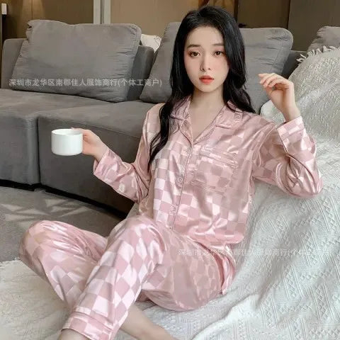 New Women's Silk Sleepwear Summer Simple Luxury Texture Sweet INS Home Clothes Set Pajamas Breathable Casual Sleepwear