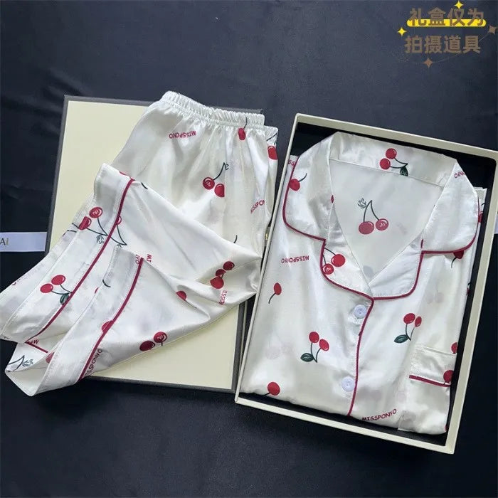 New Women's Silk Sleepwear Summer Simple Luxury Texture Sweet INS Home Clothes Set Pajamas Breathable Casual Sleepwear