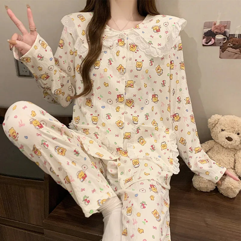 Cloud Cotton Long Sleeve Sleepwear Women's Spring Autumn Style Cute Doll Collar Home Clothes Breathable Casual Sleepwear