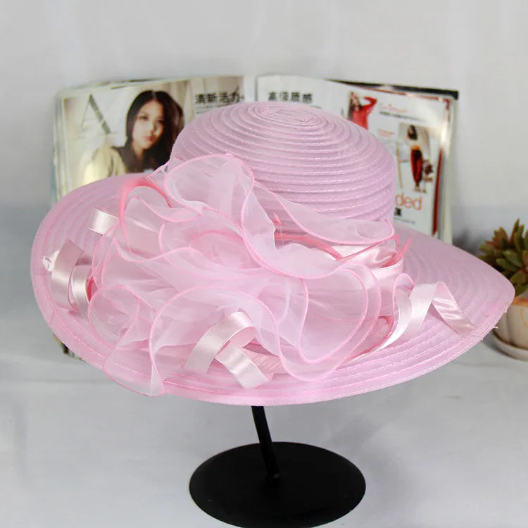 women's vacation solid color gauze flower wide eaves straw hat