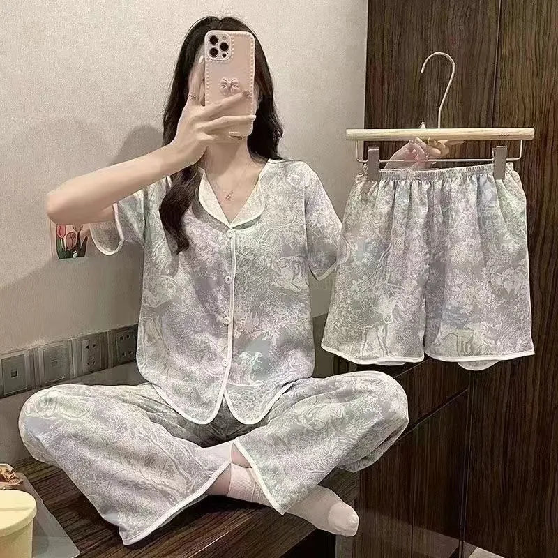 Spring Autumn Women's Sleepwear Short Sleeve Loose Home Clothes Cute Girl's Pajamas Set Casual Breathable Polyester Silk