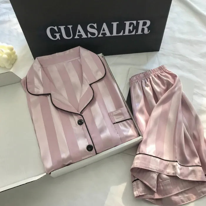 New Women's Silk Sleepwear Summer Simple Luxury Texture Sweet INS Home Clothes Set Pajamas Breathable Casual Sleepwear