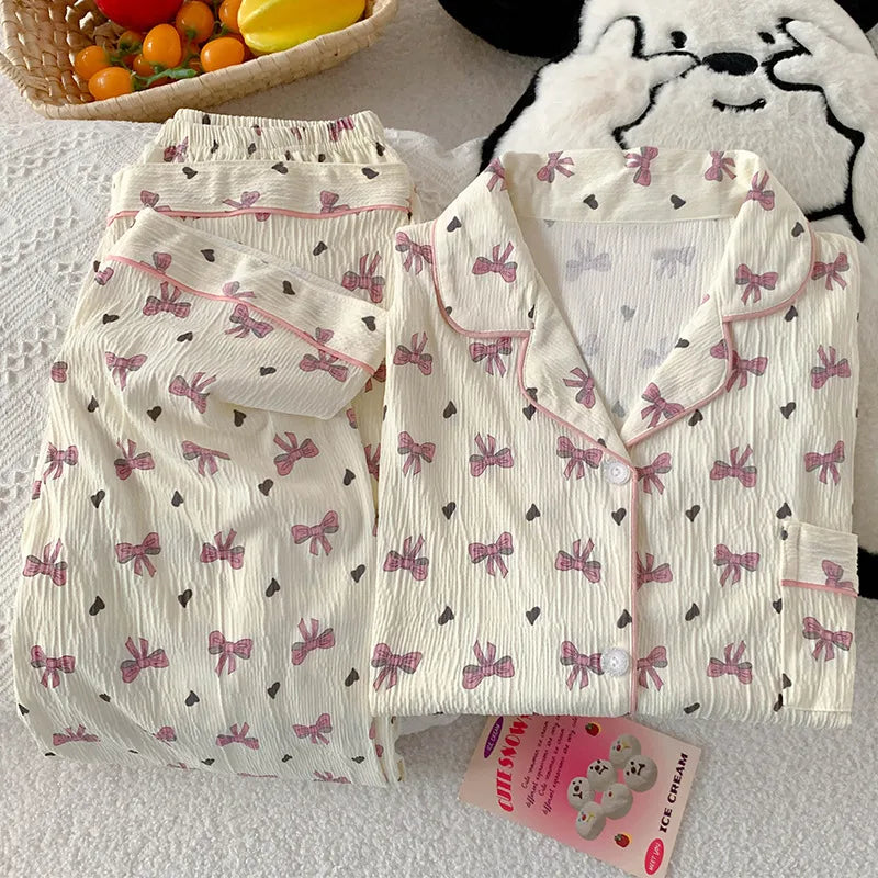 Sweet Girl's Long Sleeve Home Clothes Set Spring Autumn New Style Heart Butterfly Knot Pleated Cloth Sleepwear Women's Fashion