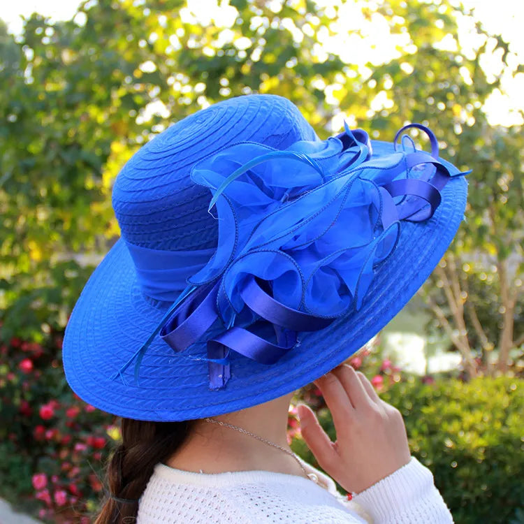 women's vacation solid color gauze flower wide eaves straw hat