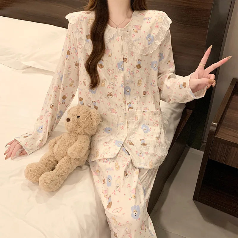 Cloud Cotton Long Sleeve Sleepwear Women's Spring Autumn Style Cute Doll Collar Home Clothes Breathable Casual Sleepwear