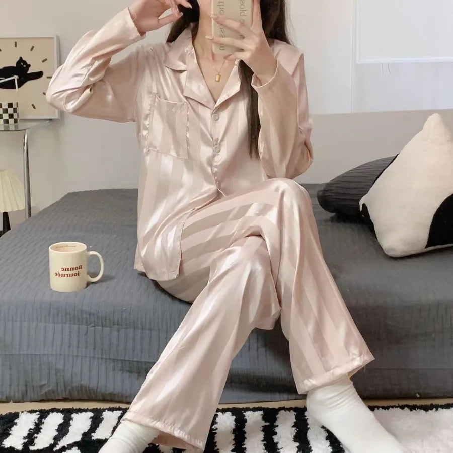 New Women's Silk Sleepwear Summer Simple Luxury Texture Sweet INS Home Clothes Set Pajamas Breathable Casual Sleepwear