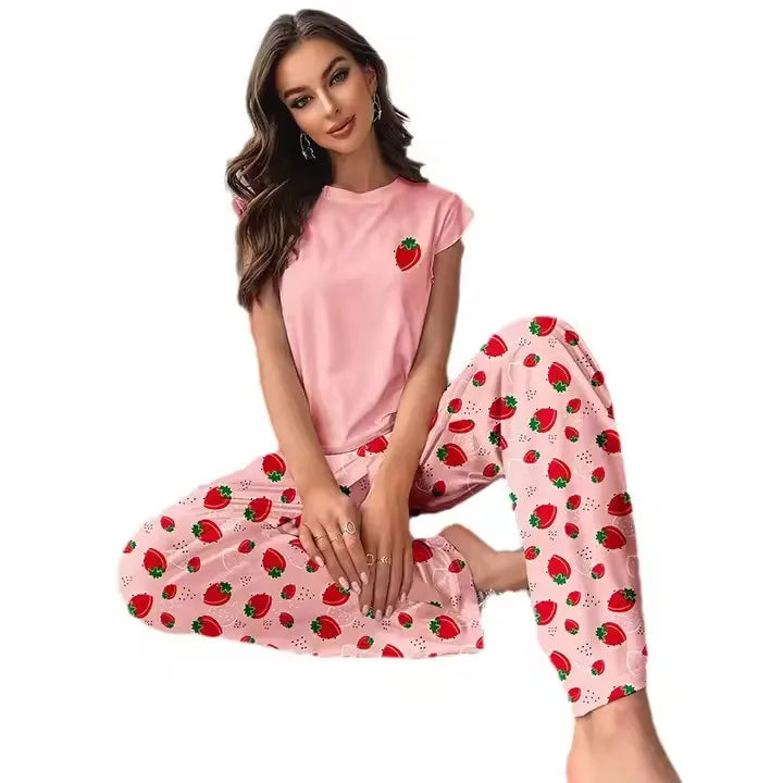New Milk Silk Fly Sleeve Short T Long Pants Set Women's Home Clothes Can Be Worn Outside Sleepwear Summer Women's Fashion