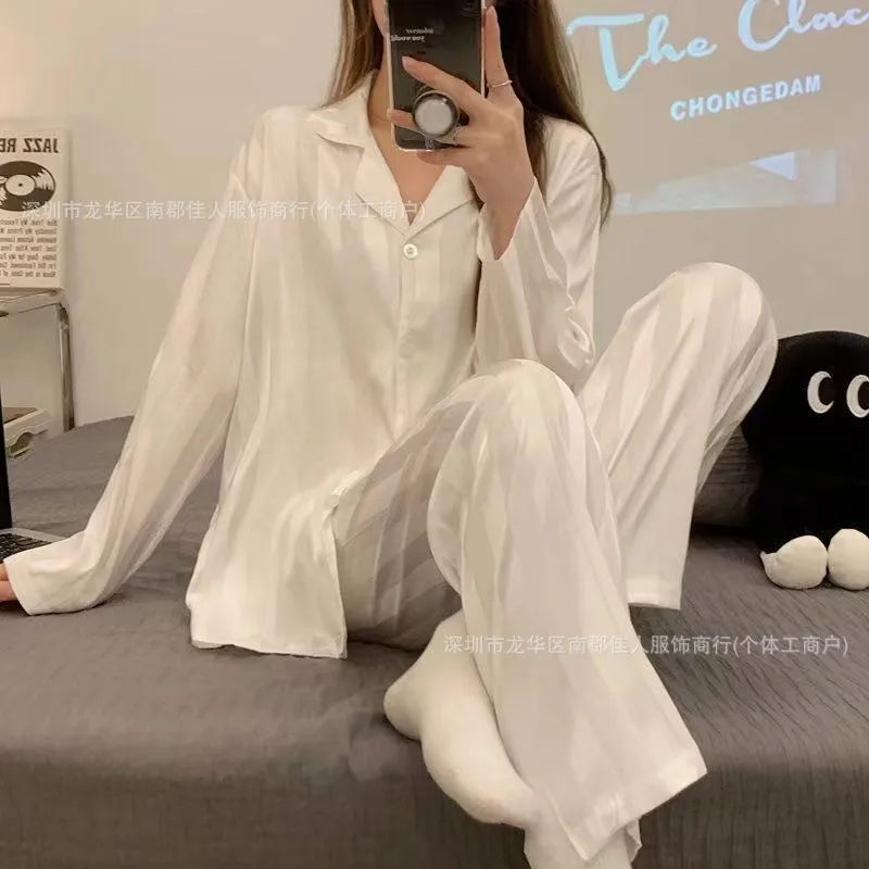 New Women's Silk Sleepwear Summer Simple Luxury Texture Sweet INS Home Clothes Set Pajamas Breathable Casual Sleepwear