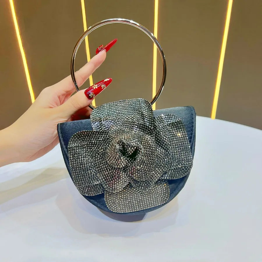 New Fashionable Tea Rose Shiny Handbag Women's Evening Bag Round Handle Shoulder Crossbody Bag For Banquet And Dinner