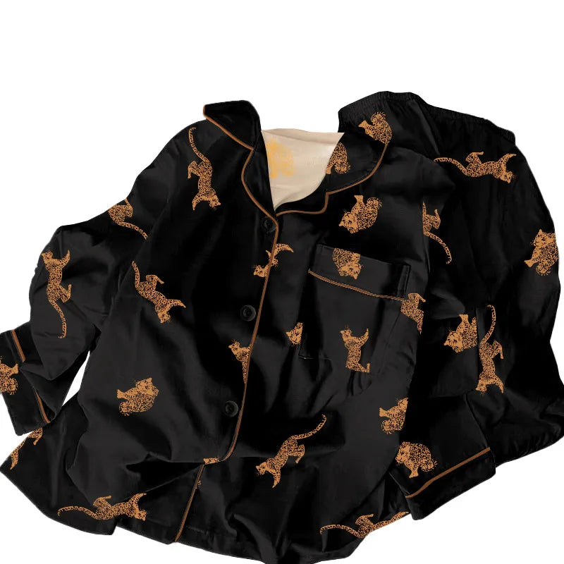 Black Money Leopard Print Sleepwear Set Women's Long Sleeve Long Pants Home Clothes Polyester Fabric Spring Autumn Wearable
