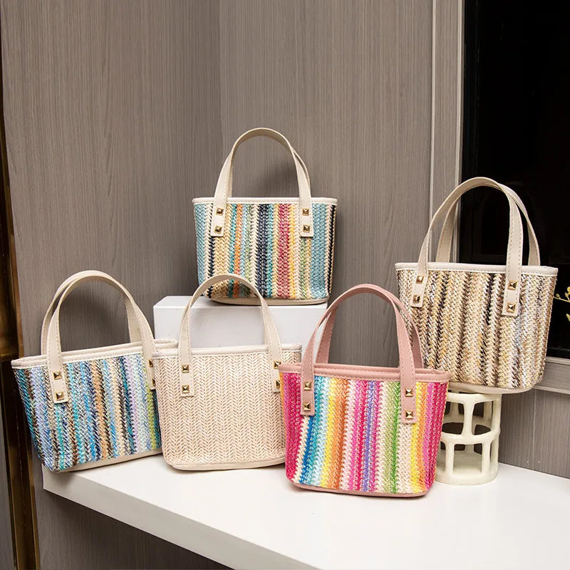 Women's Straw Color Block Streetwear Weave Sewing Thread Bucket Zipper Handbag