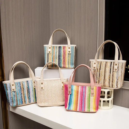 Women's Straw Color Block Streetwear Weave Sewing Thread Bucket Zipper Handbag