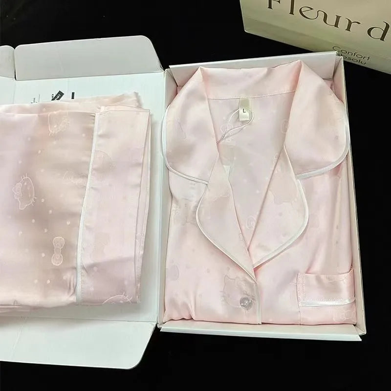 New Women's Silk Sleepwear Summer Simple Luxury Texture Sweet INS Home Clothes Set Pajamas Breathable Casual Sleepwear