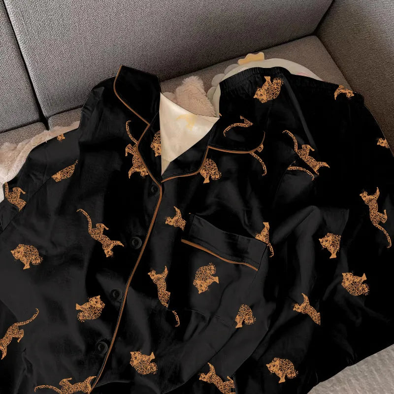Black Money Leopard Print Sleepwear Set Women's Long Sleeve Long Pants Home Clothes Polyester Fabric Spring Autumn Wearable