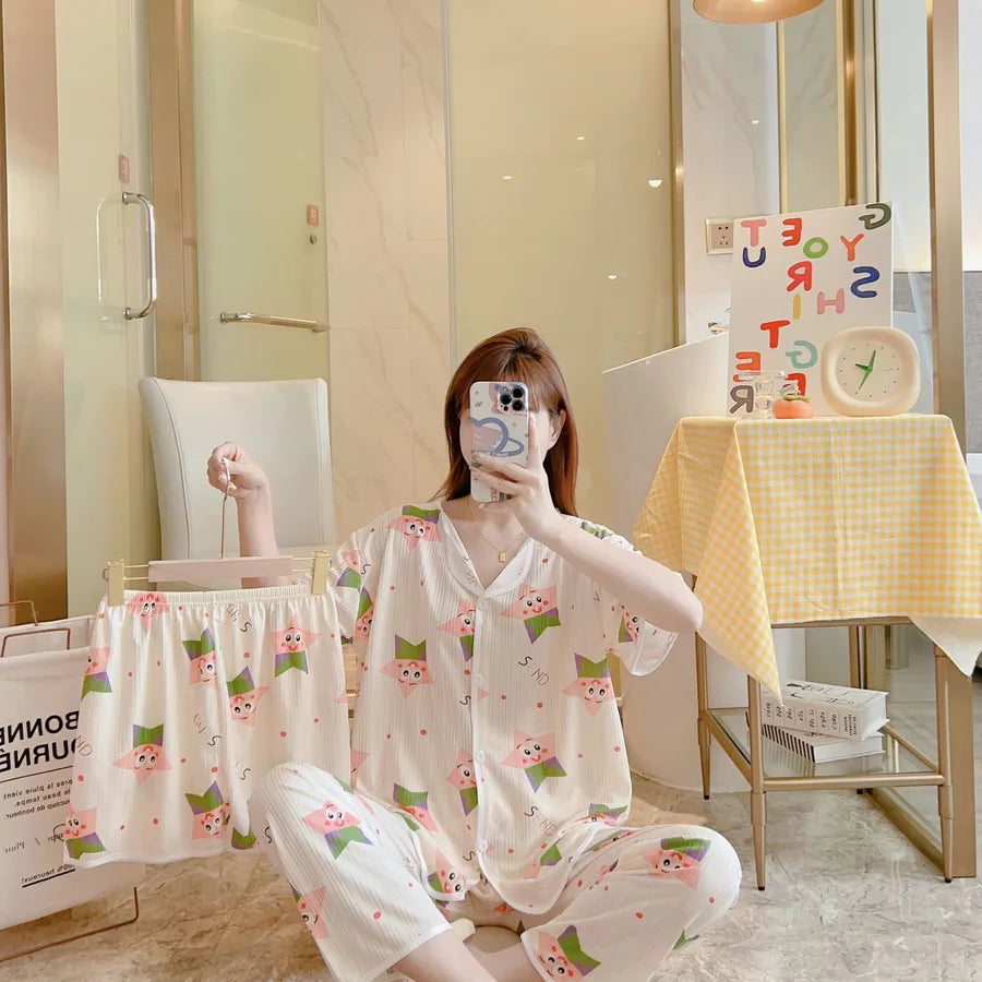 Spring Autumn Women's Sleepwear Short Sleeve Loose Home Clothes Cute Girl's Pajamas Set Casual Breathable Polyester Silk
