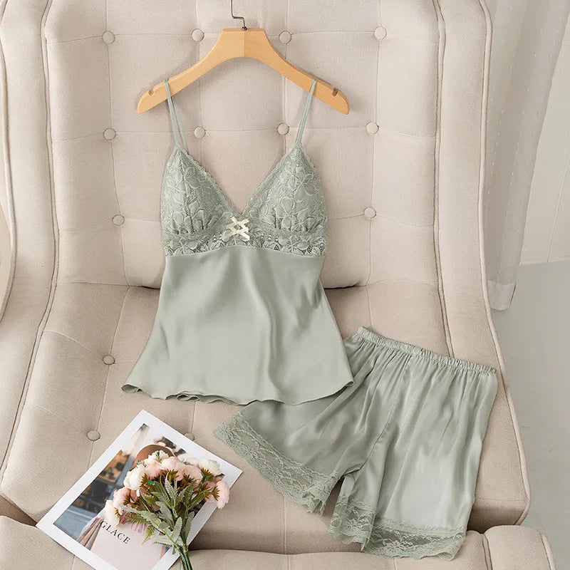 Sexy Ice Silk Thin Strap Shorts Set Women's Home Clothes With Chest Pad Spring Summer New Style Breathable Casual Sleepwear