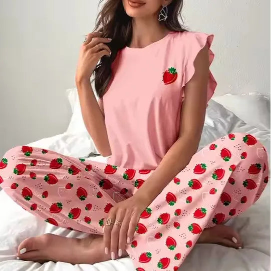 New Milk Silk Fly Sleeve Short T Long Pants Set Women's Home Clothes Can Be Worn Outside Sleepwear Summer Women's Fashion