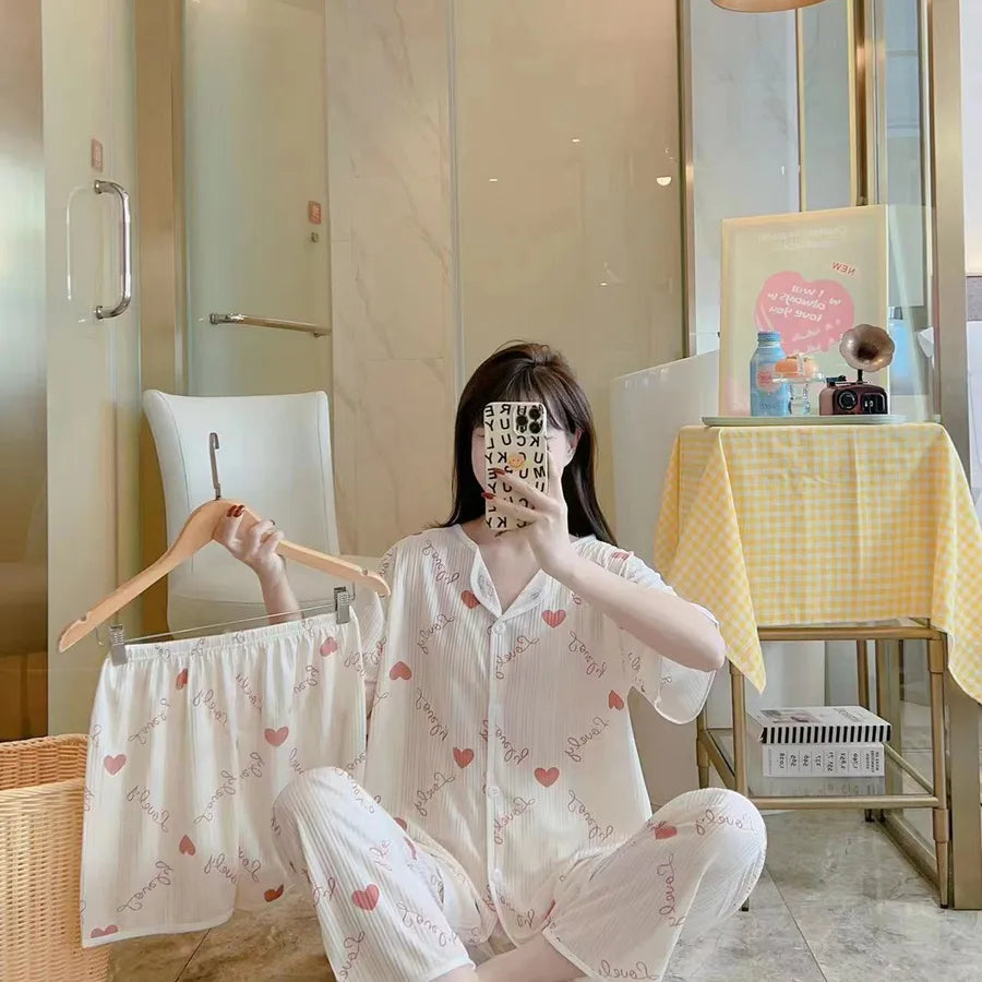 Spring Autumn Women's Sleepwear Short Sleeve Loose Home Clothes Cute Girl's Pajamas Set Casual Breathable Polyester Silk