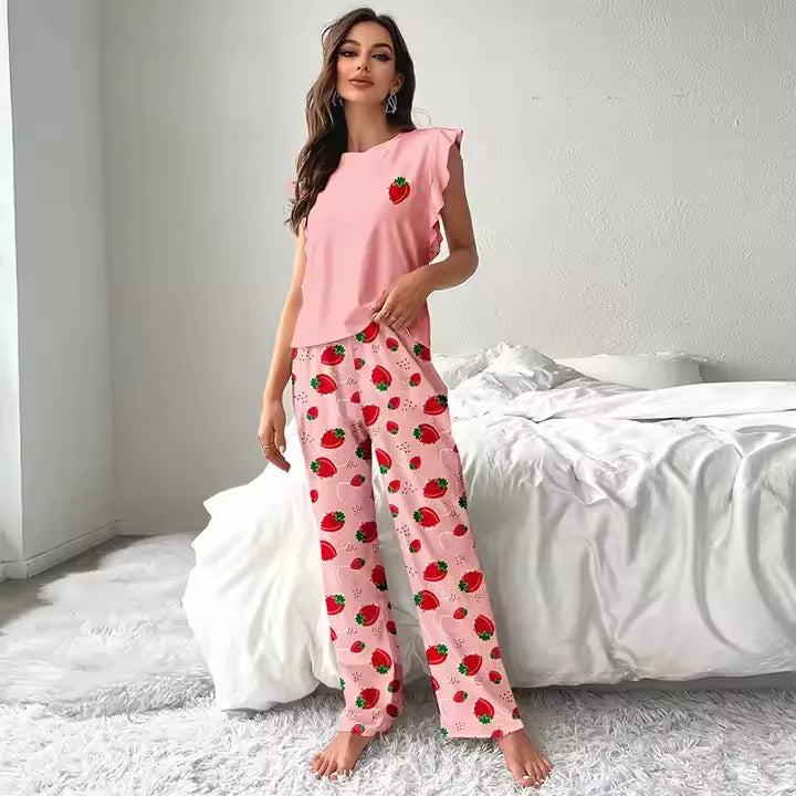 New Milk Silk Fly Sleeve Short T Long Pants Set Women's Home Clothes Can Be Worn Outside Sleepwear Summer Women's Fashion