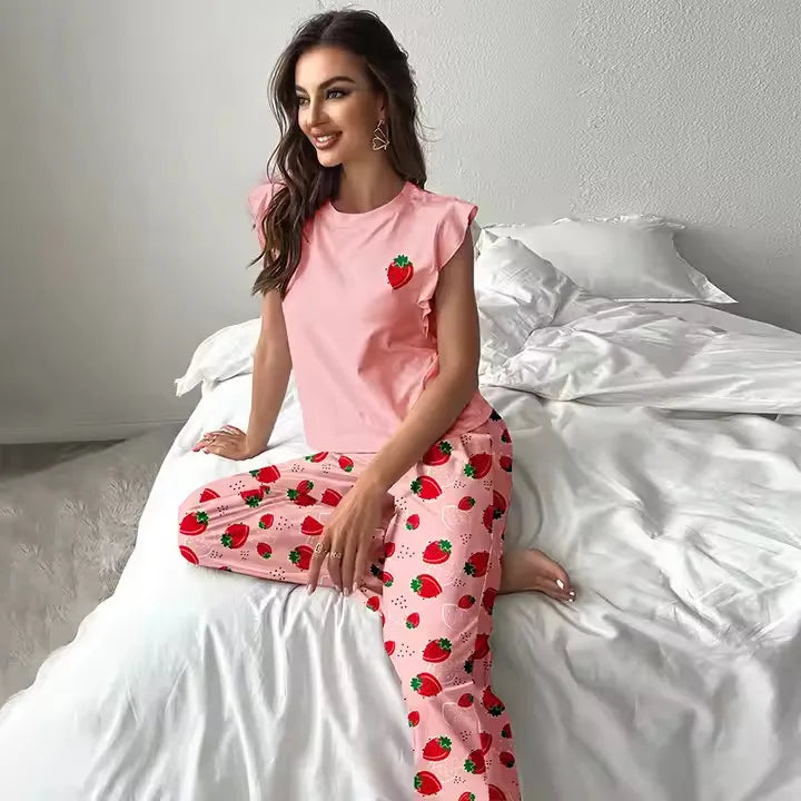 New Milk Silk Fly Sleeve Short T Long Pants Set Women's Home Clothes Can Be Worn Outside Sleepwear Summer Women's Fashion