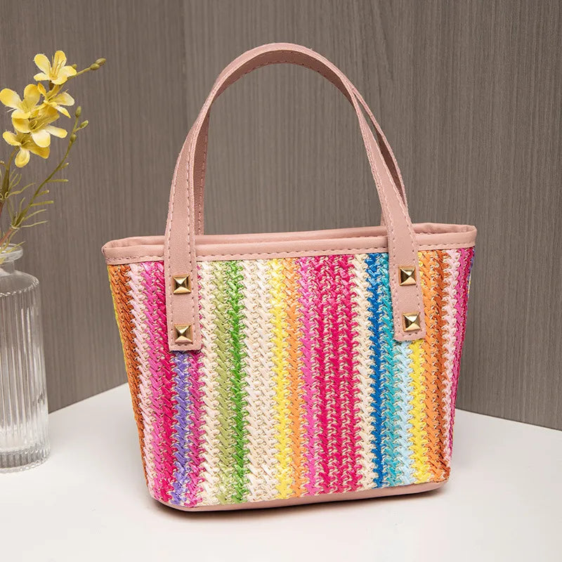 Women's Straw Color Block Streetwear Weave Sewing Thread Bucket Zipper Handbag