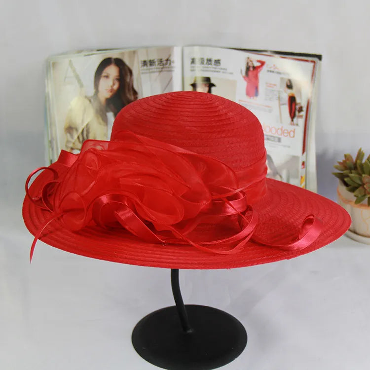 women's vacation solid color gauze flower wide eaves straw hat