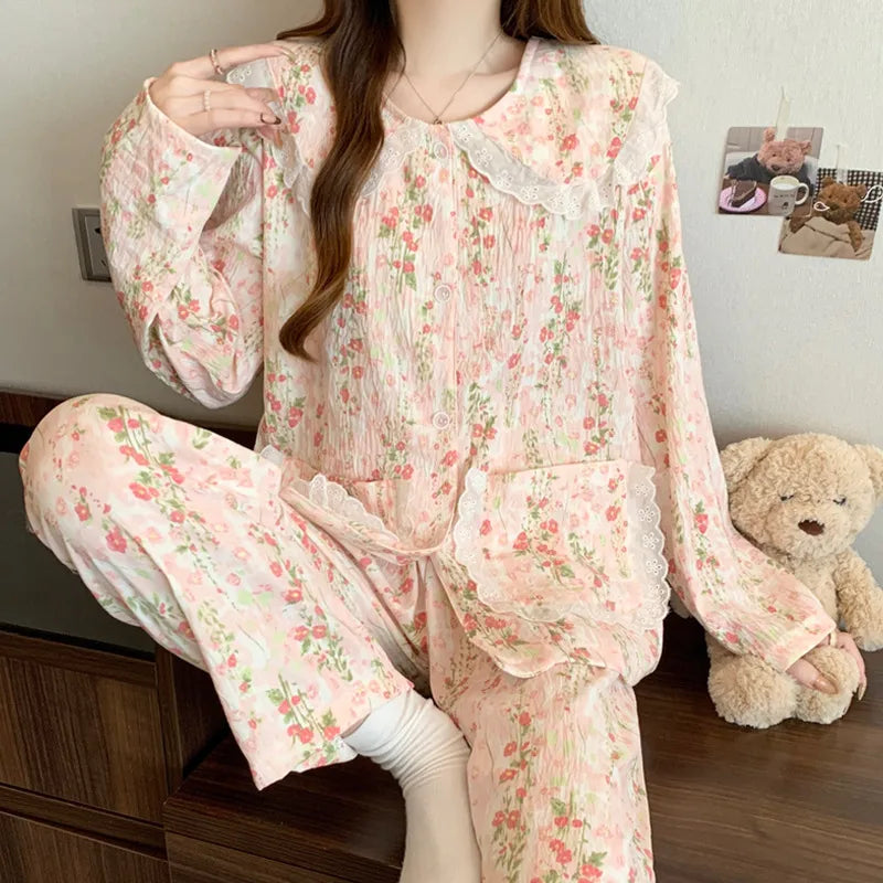 Cloud Cotton Long Sleeve Sleepwear Women's Spring Autumn Style Cute Doll Collar Home Clothes Breathable Casual Sleepwear