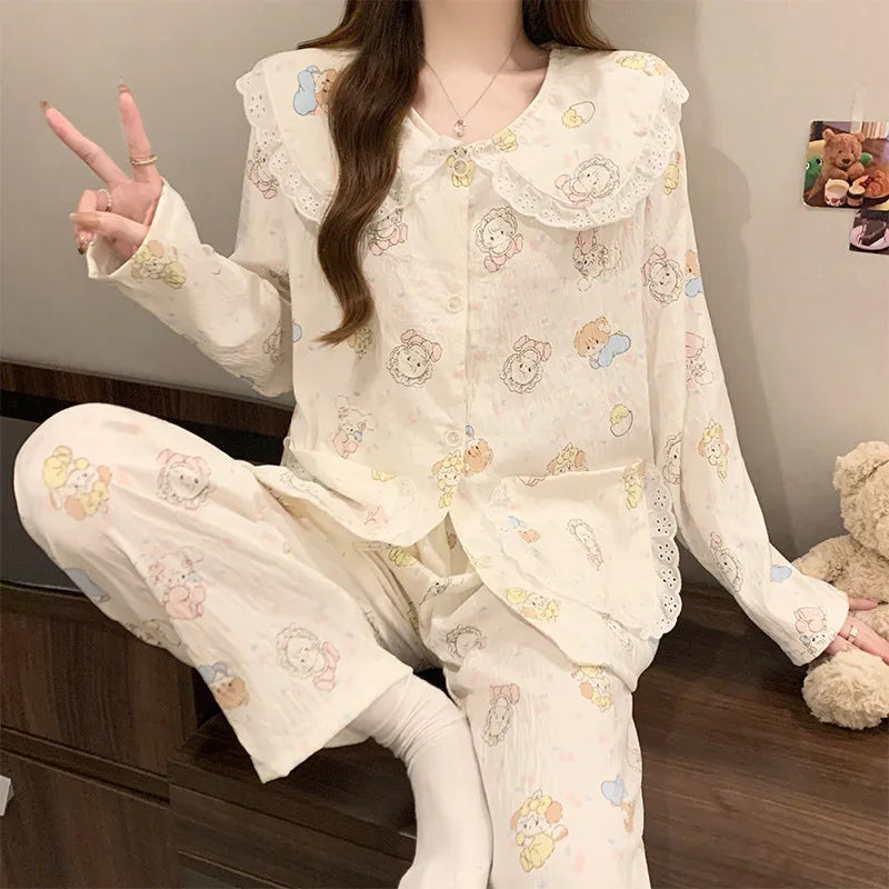 Cloud Cotton Long Sleeve Sleepwear Women's Spring Autumn Style Cute Doll Collar Home Clothes Breathable Casual Sleepwear