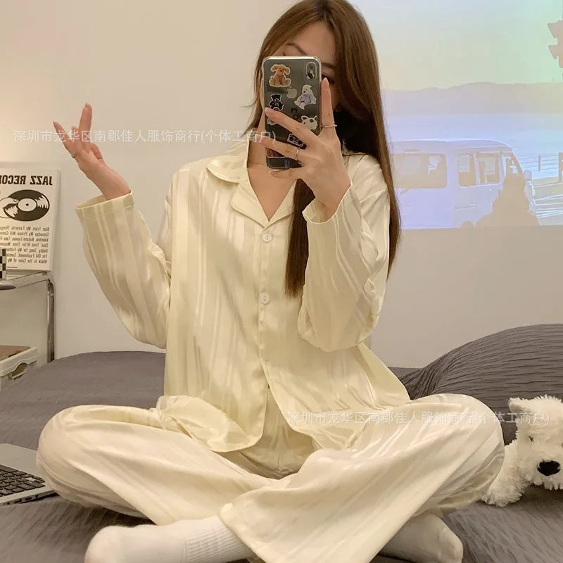 New Women's Silk Sleepwear Summer Simple Luxury Texture Sweet INS Home Clothes Set Pajamas Breathable Casual Sleepwear