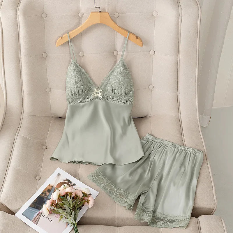 Sexy Ice Silk Thin Strap Shorts Set Women's Home Clothes With Chest Pad Spring Summer New Style Breathable Casual Sleepwear