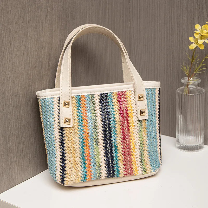 Women's Straw Color Block Streetwear Weave Sewing Thread Bucket Zipper Handbag