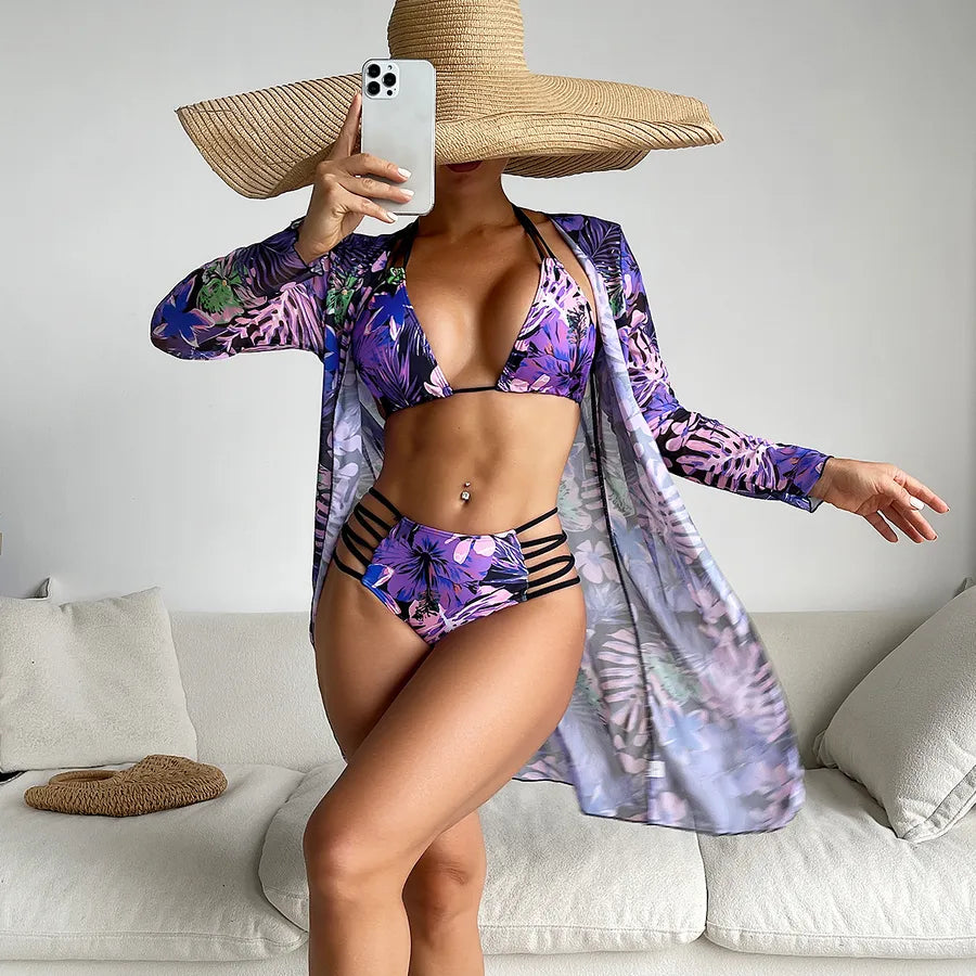 Women's Flower 3 Pieces Set Bikinis Swimwear