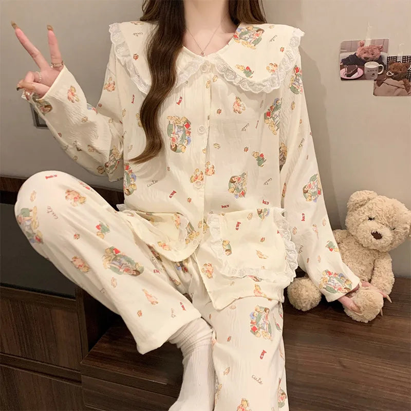 Cloud Cotton Long Sleeve Sleepwear Women's Spring Autumn Style Cute Doll Collar Home Clothes Breathable Casual Sleepwear