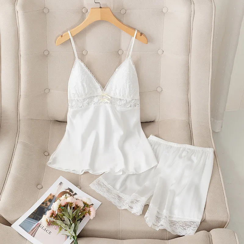 Sexy Ice Silk Thin Strap Shorts Set Women's Home Clothes With Chest Pad Spring Summer New Style Breathable Casual Sleepwear
