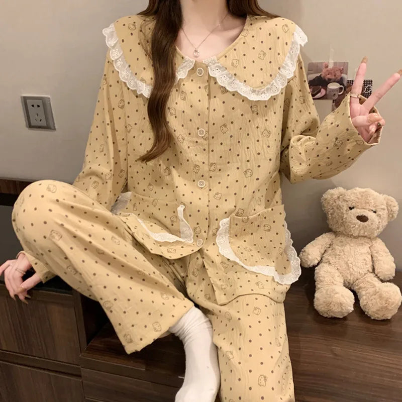 Cloud Cotton Long Sleeve Sleepwear Women's Spring Autumn Style Cute Doll Collar Home Clothes Breathable Casual Sleepwear
