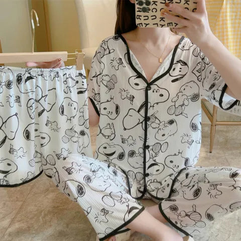 Spring Autumn Women's Sleepwear Short Sleeve Loose Home Clothes Cute Girl's Pajamas Set Casual Breathable Polyester Silk