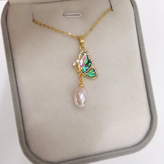 Zhuji Pearl Natural Freshwater Pearl Pendant Abalone Fritillary Small Fresh Butterfly Water Drop Pearl Necklace Gift